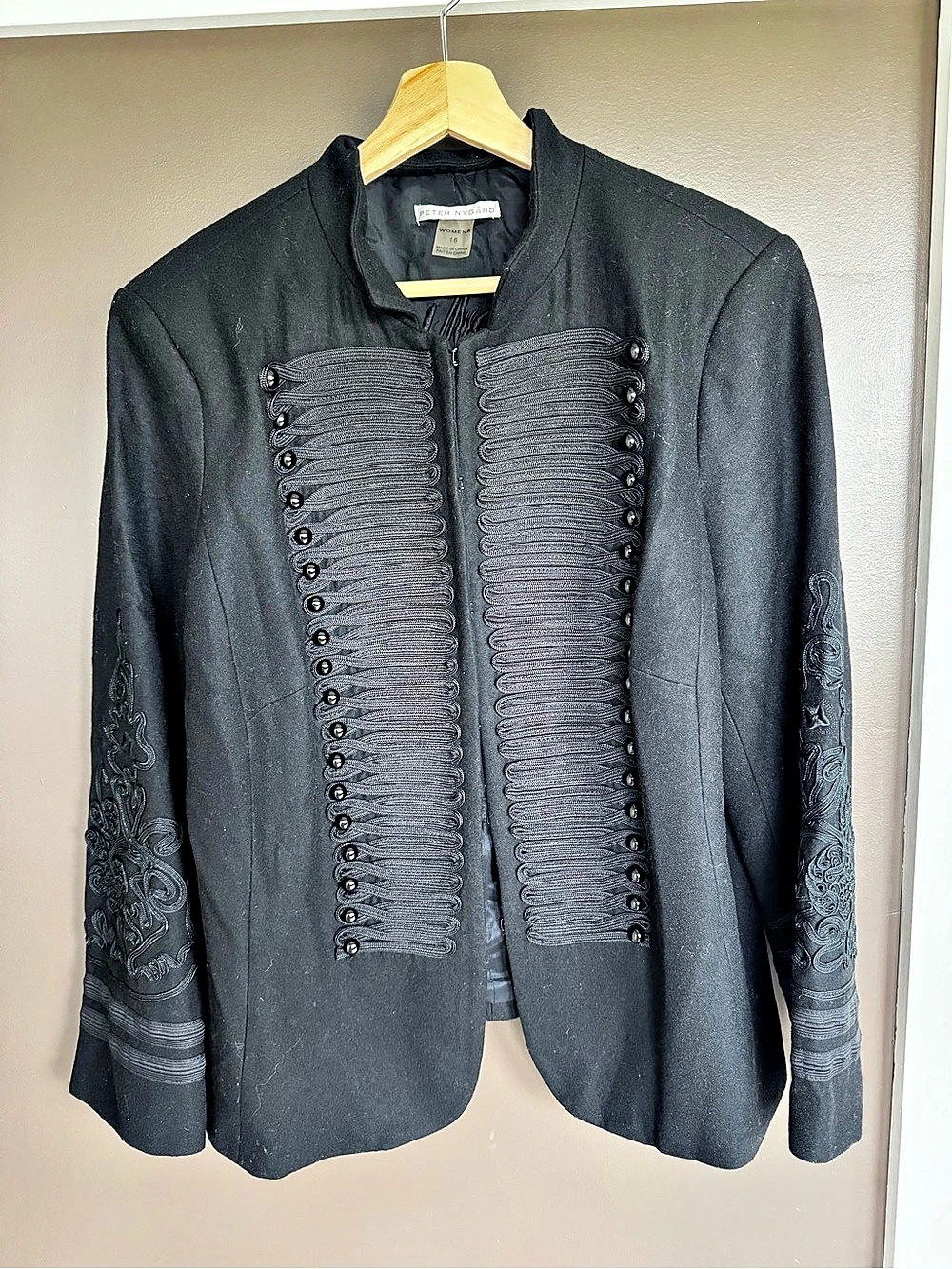 Peter Nygard Black Embroidered Wool Blend Blazer Size 16